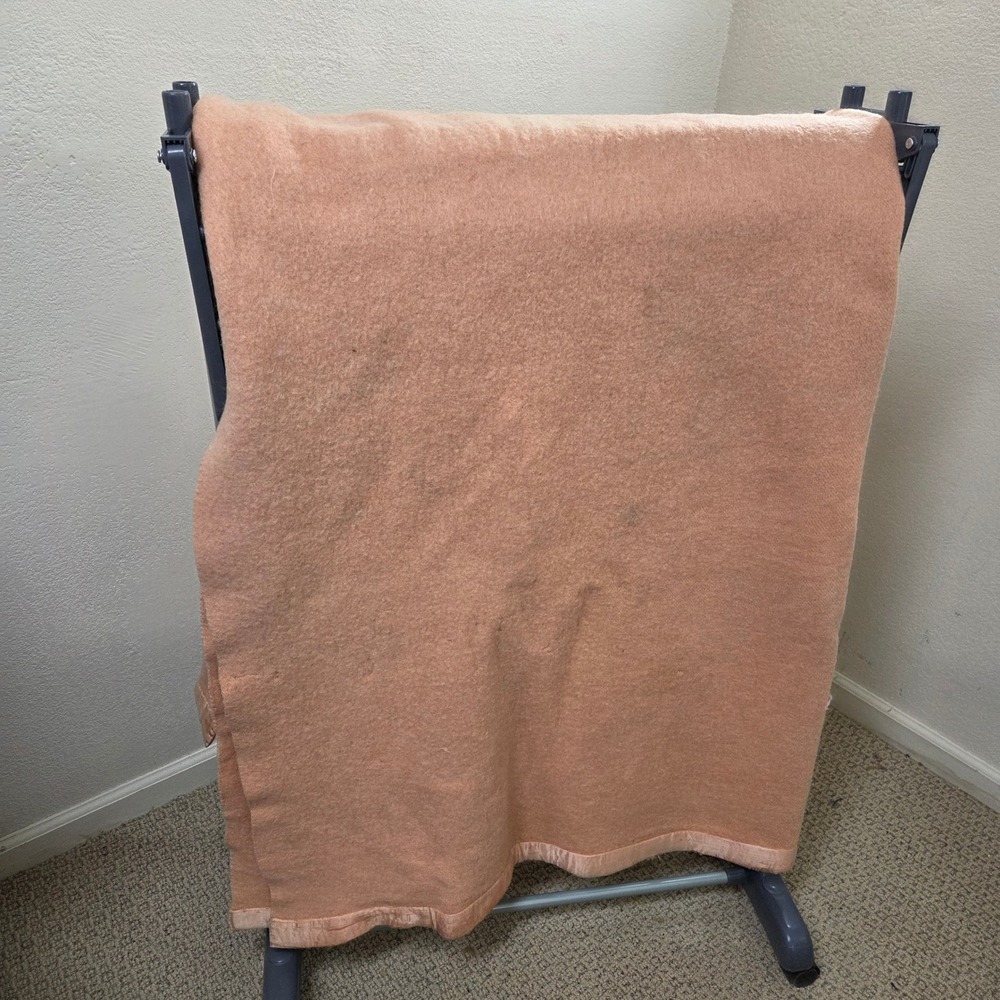 Vintage Wool Blanket Peach Salmon Pink Satin Trim 64x82 Sun Damage MCM Retro